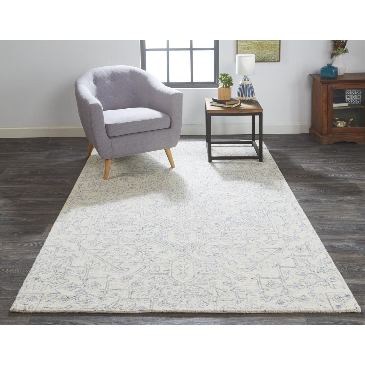 Feizy Home Collection 5' x 8' Ivory and Blue Minimalist Floral Hand Tufted Rectangular Wool Area Throw Rug